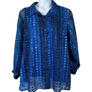 Vintage 90s Notations 2pc Blouse Set 1X Blue Metallic Plaid Sheer Button Up Top